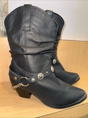 Dingo Black Leather Ankle Boots with Decorative Strap & chain